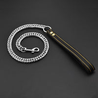 HKM-3117757 Stainless Steel Double-Six-Sided Dog Leash with Leather Handle - 17MM Wide, Available in Multiple Lengths