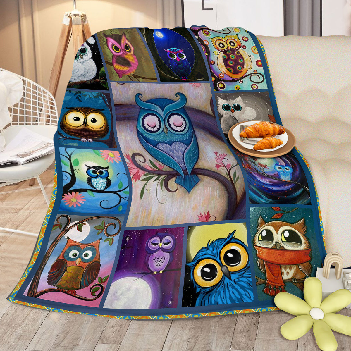 HKM-311827 Cozy Flannel Fleece Blanket with Night Owl Design – Soft Plush Throw for Home Use