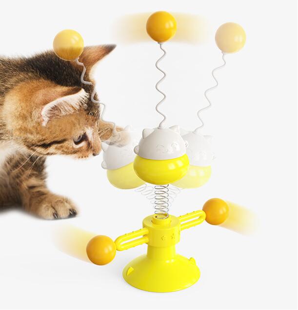HKM-3124541 Interactive Cat Toy Spring Turntable Ball in Pink, Lake Blue, and Yellow