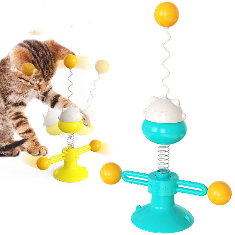 HKM-3124541 Interactive Cat Toy Spring Turntable Ball in Pink, Lake Blue, and Yellow