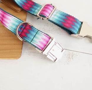 HKM-3125693 Patterned Dog Collar and Leash Set in Green Peacock - Adjustable Polyester Webbing for All Sizes
