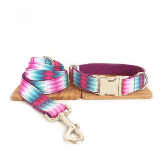 HKM-3125693 Patterned Dog Collar and Leash Set in Green Peacock - Adjustable Polyester Webbing for All Sizes
