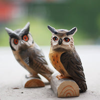 HKM-3126973 Artisan Round Carved Owl Wood Sculpture in Brown, Gray, or Barn Owl Designs