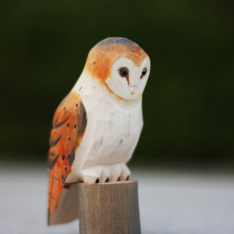 HKM-3126973 Artisan Round Carved Owl Wood Sculpture in Brown, Gray, or Barn Owl Designs