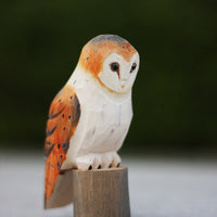 HKM-3126973 Artisan Round Carved Owl Wood Sculpture in Brown, Gray, or Barn Owl Designs