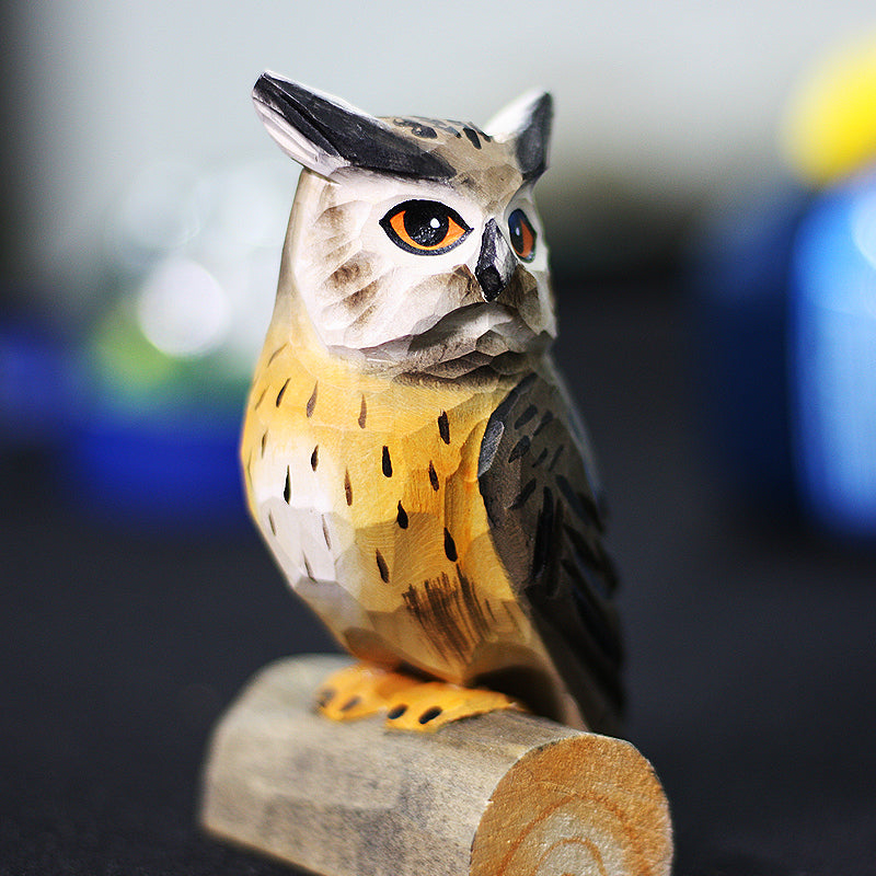 HKM-3126973 Artisan Round Carved Owl Wood Sculpture in Brown, Gray, or Barn Owl Designs