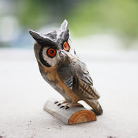 HKM-3126973 Artisan Round Carved Owl Wood Sculpture in Brown, Gray, or Barn Owl Designs