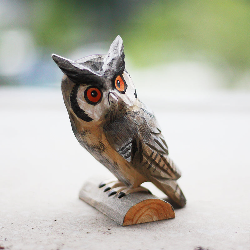 HKM-3126973 Artisan Round Carved Owl Wood Sculpture in Brown, Gray, or Barn Owl Designs