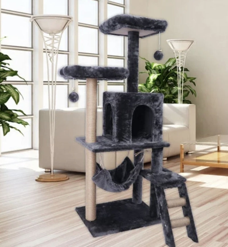 HKM-3127869 Space-Saving Light Gray Cat Tower with Wood Structure