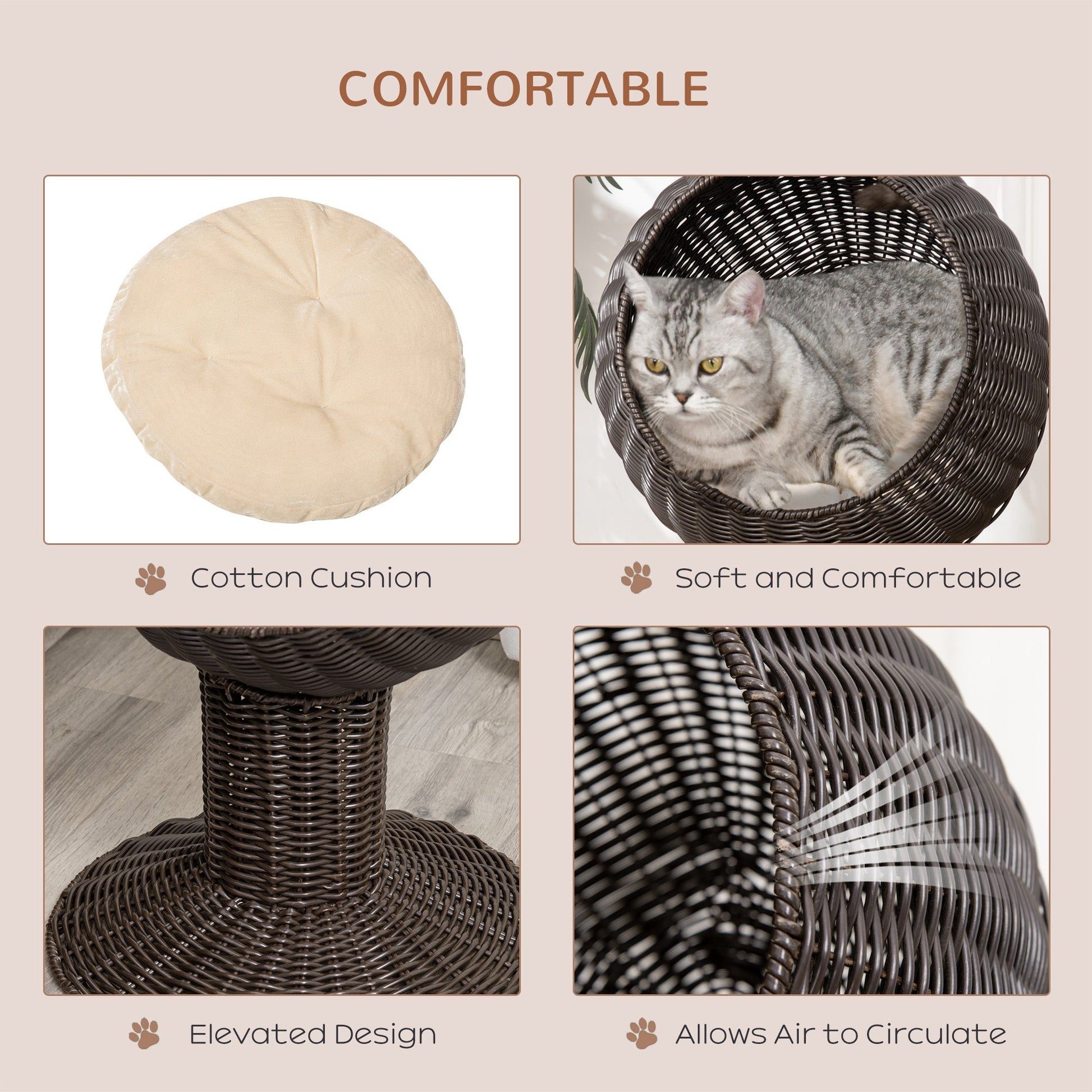 HKM-3128125 Elevated Coffee Cat Bed with Rotating Egg Chair Pod and Thick Cushion