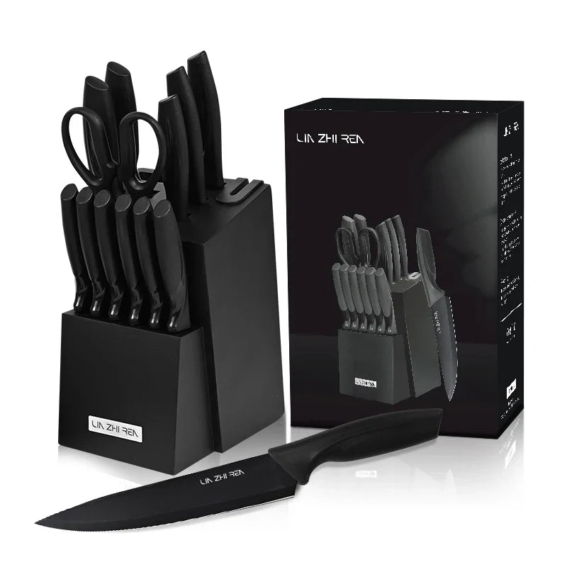 HKM-312851 15-Piece Professional Black Non-Stick Coating Stainless Steel Knife Block Set with Kitchen Scissor