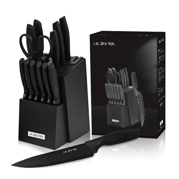 HKM-312851 15-Piece Professional Black Non-Stick Coating Stainless Steel Knife Block Set with Kitchen Scissor
