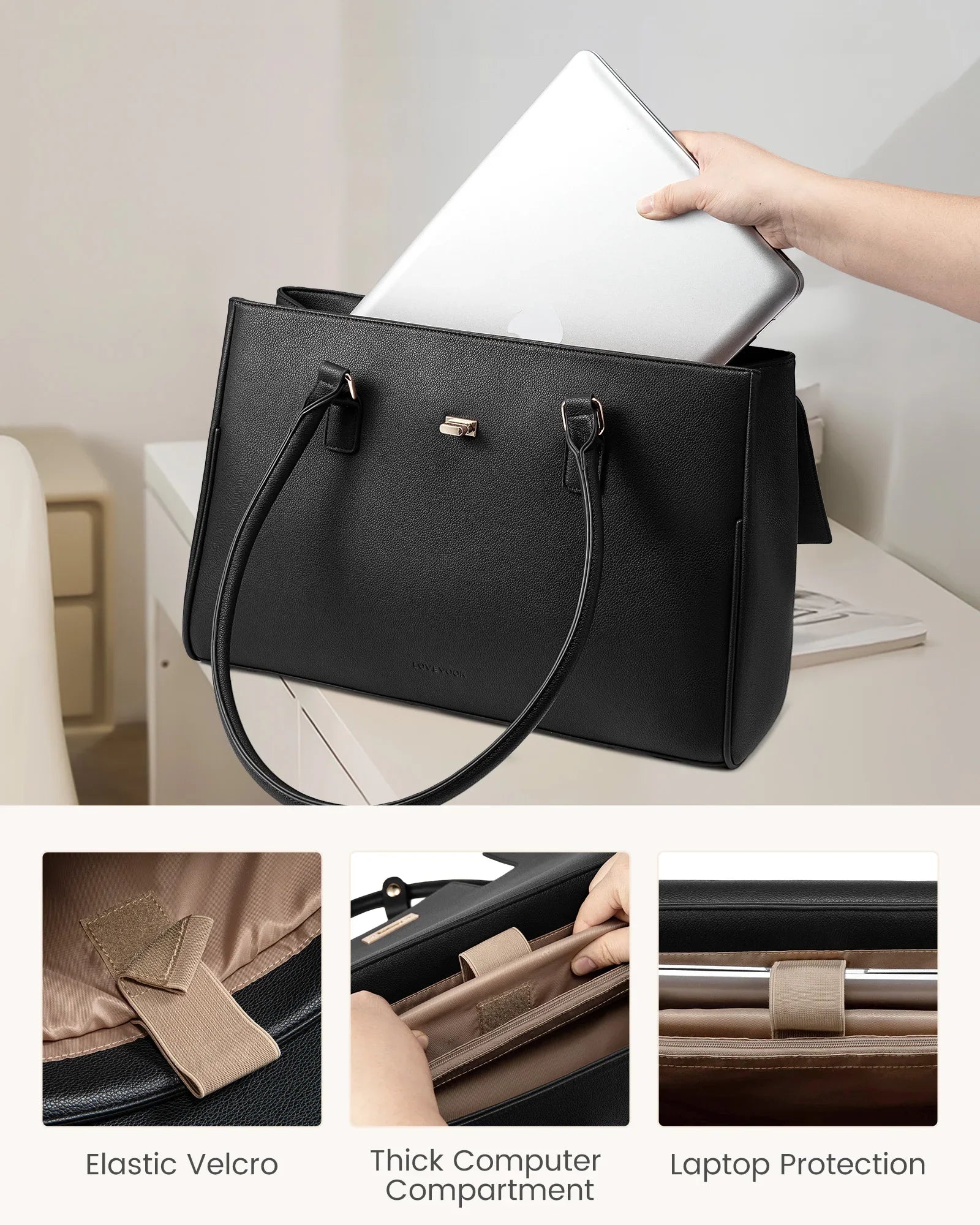HKM-313363 Waterproof PU Leather Laptop Tote Bag for 15.6 Inch Laptops - Stylish Office Handbag and Messenger Bag