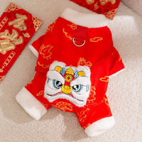 HKM-3134013 Lunar New Year Lion Dance Pet Jumpsuit with Faux Fur Trim and Embroidery