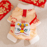 HKM-3134013 Lunar New Year Lion Dance Pet Jumpsuit with Faux Fur Trim and Embroidery