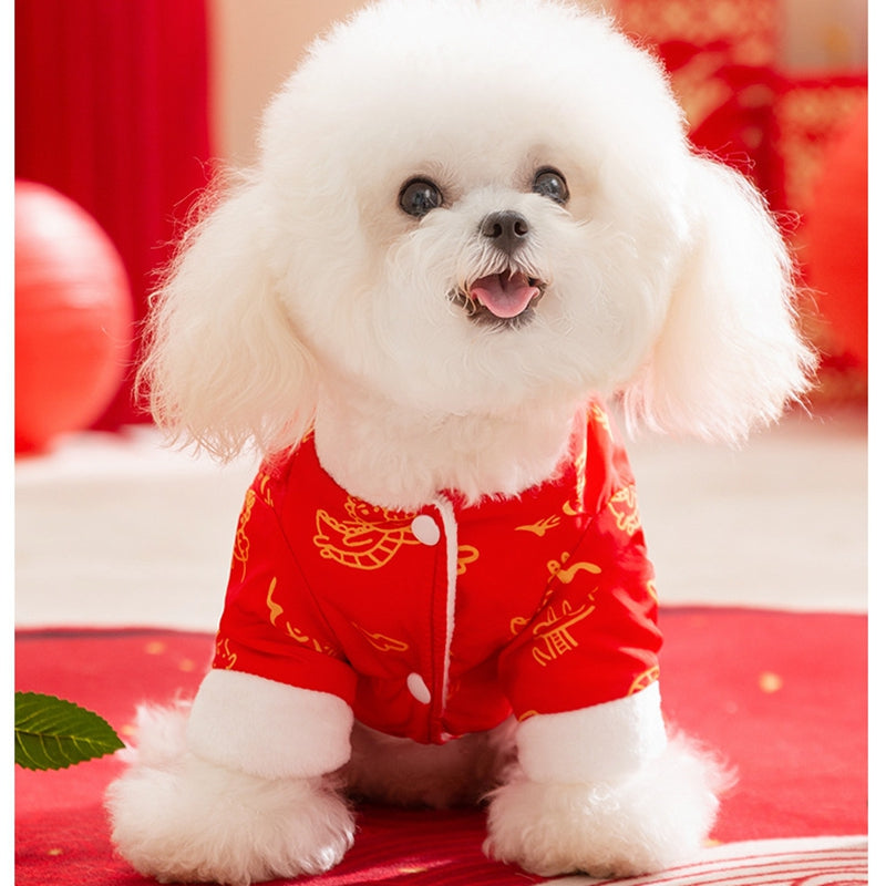 HKM-3134013 Lunar New Year Lion Dance Pet Jumpsuit with Faux Fur Trim and Embroidery