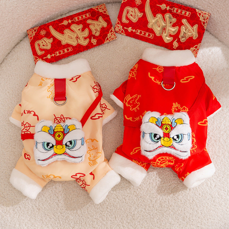 HKM-3134013 Lunar New Year Lion Dance Pet Jumpsuit with Faux Fur Trim and Embroidery