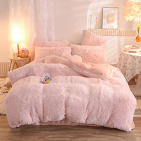 HKM-313747 Thick Fleece Duvet Cover Set with Fluffy Plush Pillowcases for Winter Warmth, Available in Queen and King Sizes