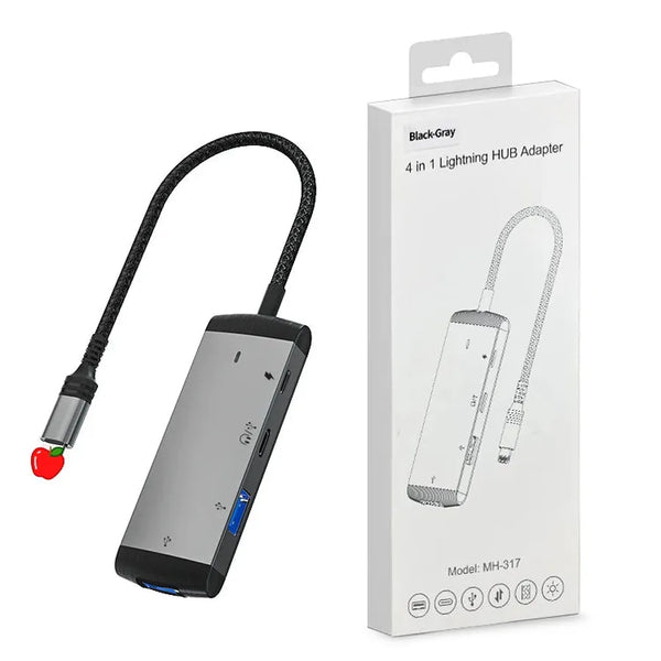 HKM-313875 4-in-1 USB 3.0 Hub Adapter for iPhone, Type-C Headphone Jack & Lightning Charging OTG Function