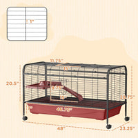 HKM-3138877 48" Large Small Animal Cage with Feeder, Rolling Wheels, Platform, and Ramp for Rabbits and Ferrets