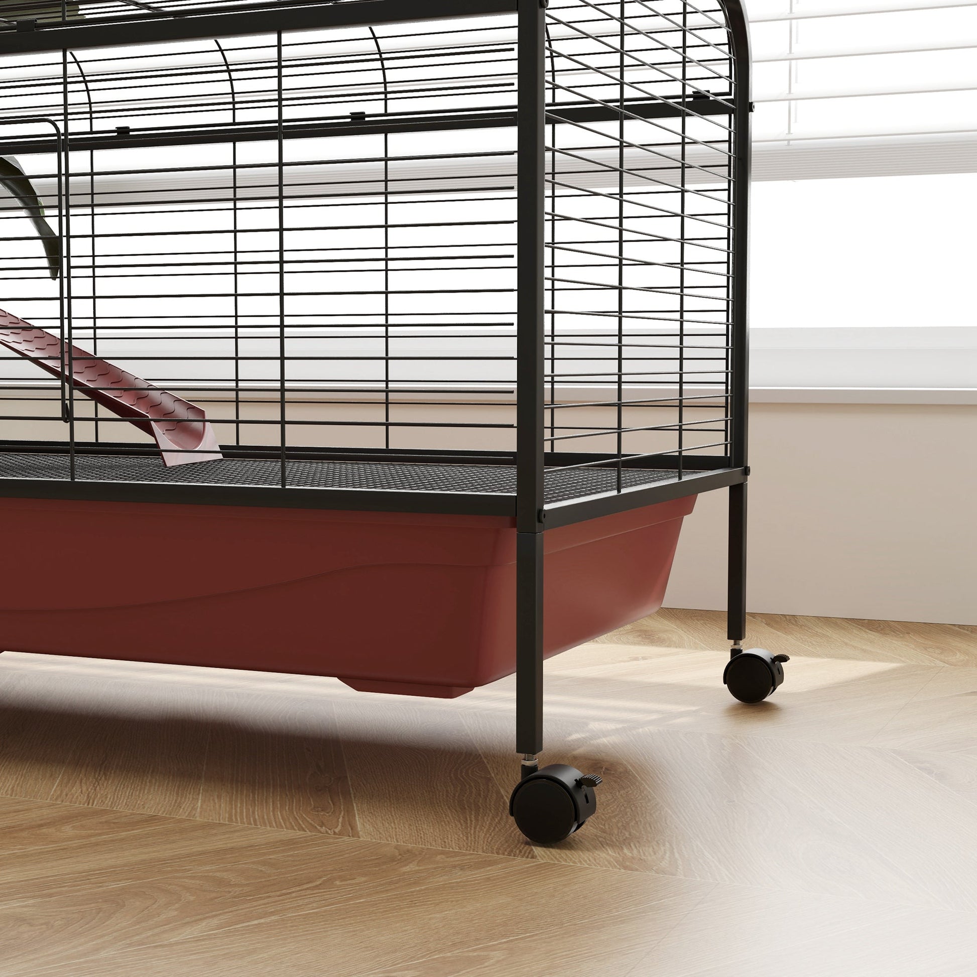 HKM-3138877 48" Large Small Animal Cage with Feeder, Rolling Wheels, Platform, and Ramp for Rabbits and Ferrets