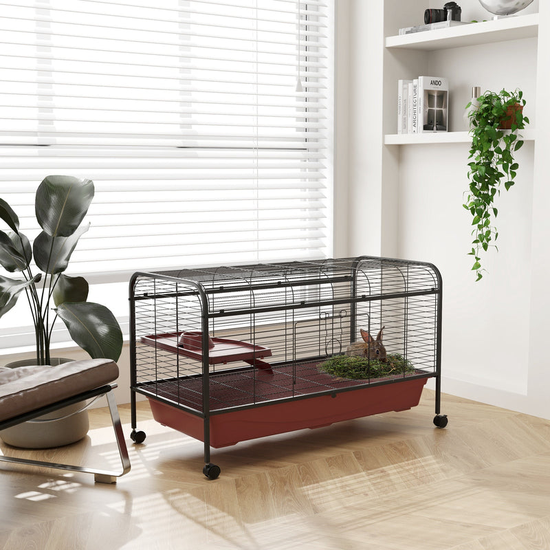 HKM-3138877 48" Large Small Animal Cage with Feeder, Rolling Wheels, Platform, and Ramp for Rabbits and Ferrets
