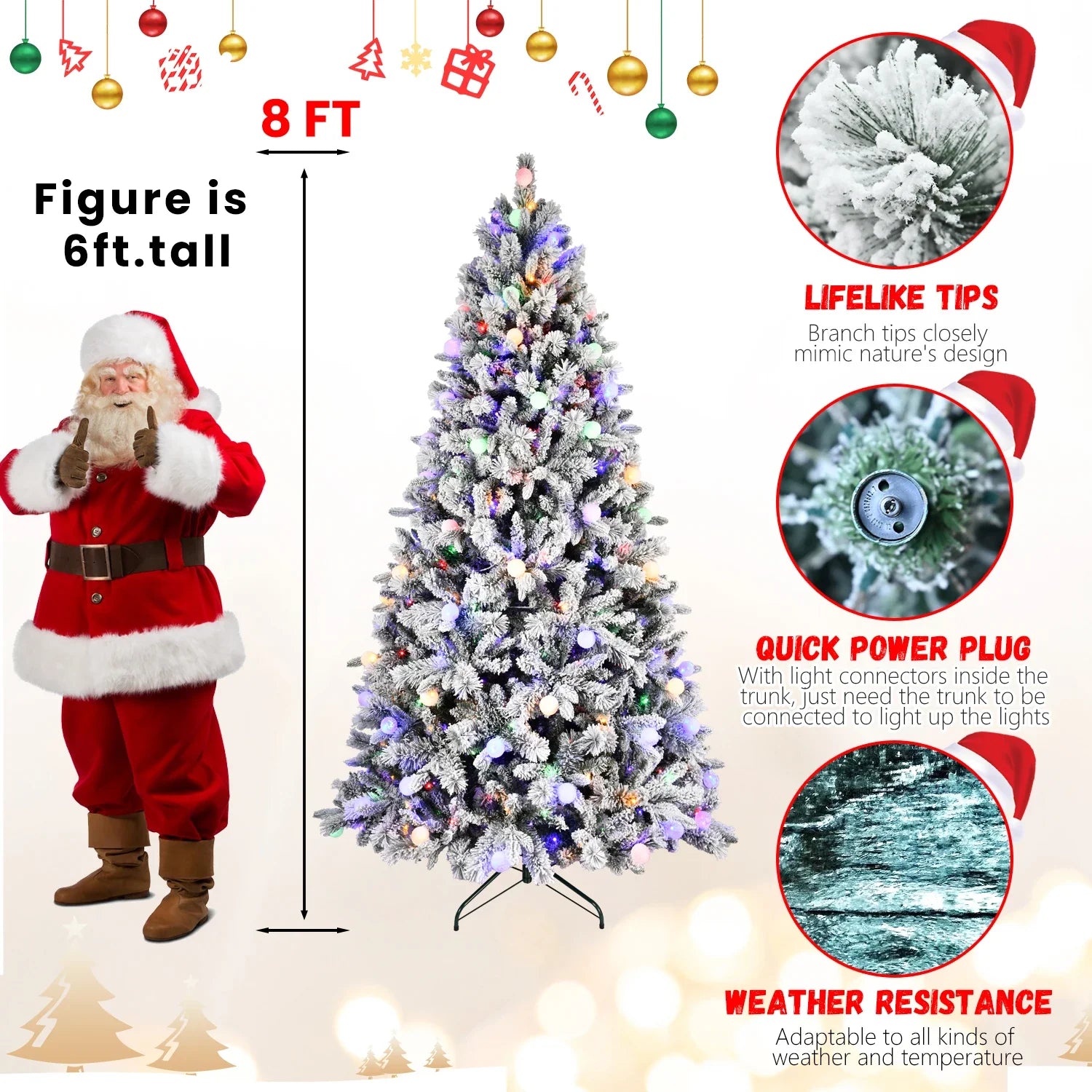 HKM-314579 8ft White Snow Artificial Christmas Tree with LED Light Display
