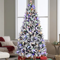 HKM-314579 8ft White Snow Artificial Christmas Tree with LED Light Display