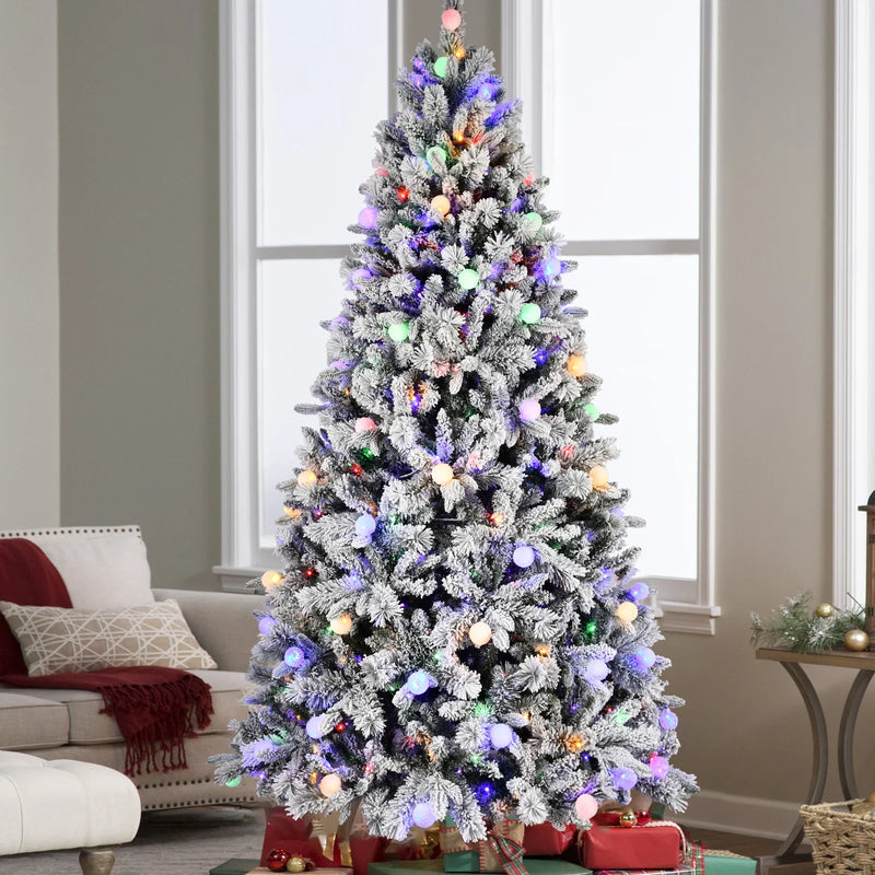 HKM-314579 8ft White Snow Artificial Christmas Tree with LED Light Display