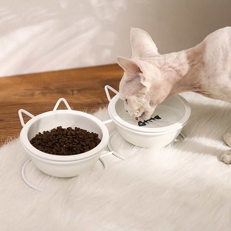 HKM-3152701 Ceramic Cat Food Bowl for Cervical Spine Protection - Automatic Feeding, Single & Double Bowl Options
