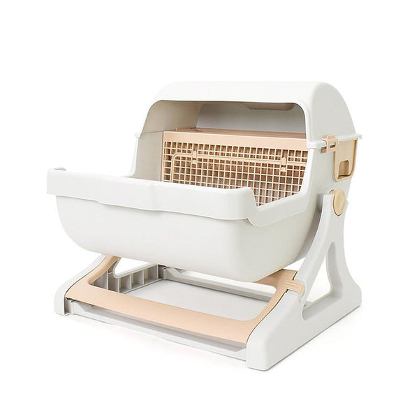 HKM-315283 Semi-Enclosed Cat Litter Box with Tipping Bucket - Available in Beige, Green, and Pink