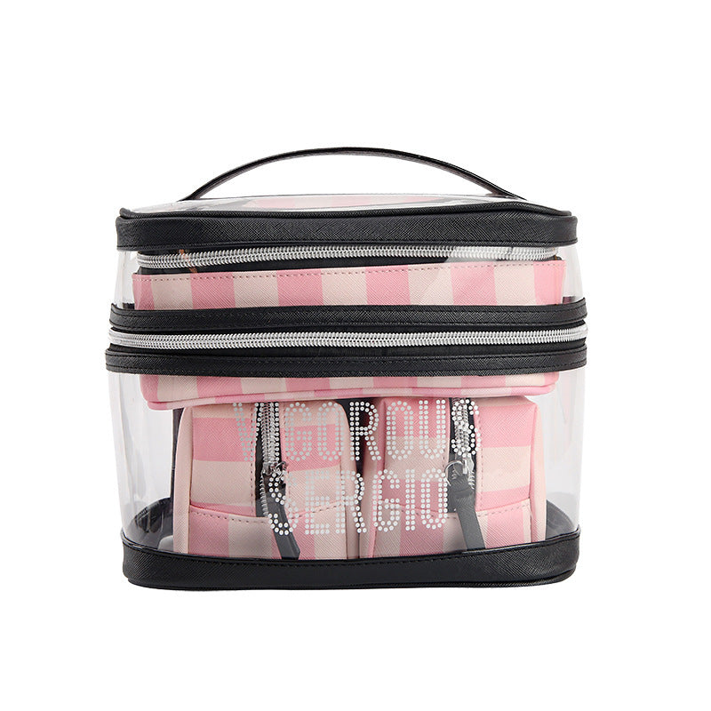 HKM-315859 Multifunctional Folding Makeup Kit in Pink Floral Design with Waterproof Synthetic Leather