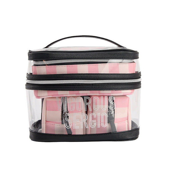 HKM-315859 Multifunctional Folding Makeup Kit in Pink Floral Design with Waterproof Synthetic Leather