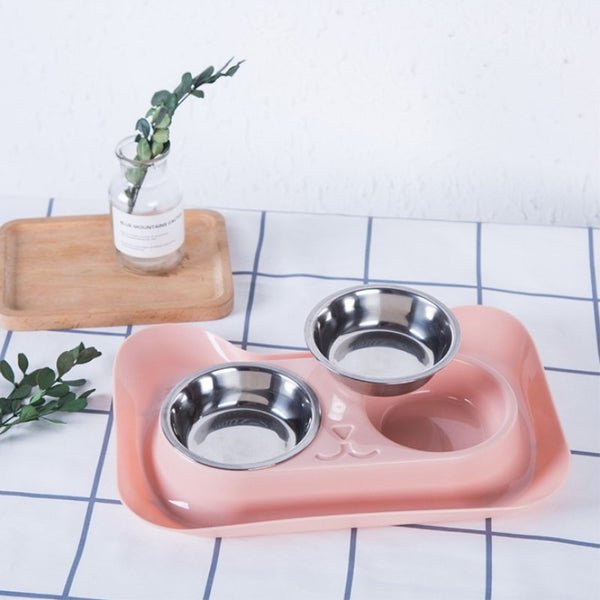 HKM-3168189 Cat Head Double Feeding Bowl - PP and Stainless Steel - 31cm x 21.5cm