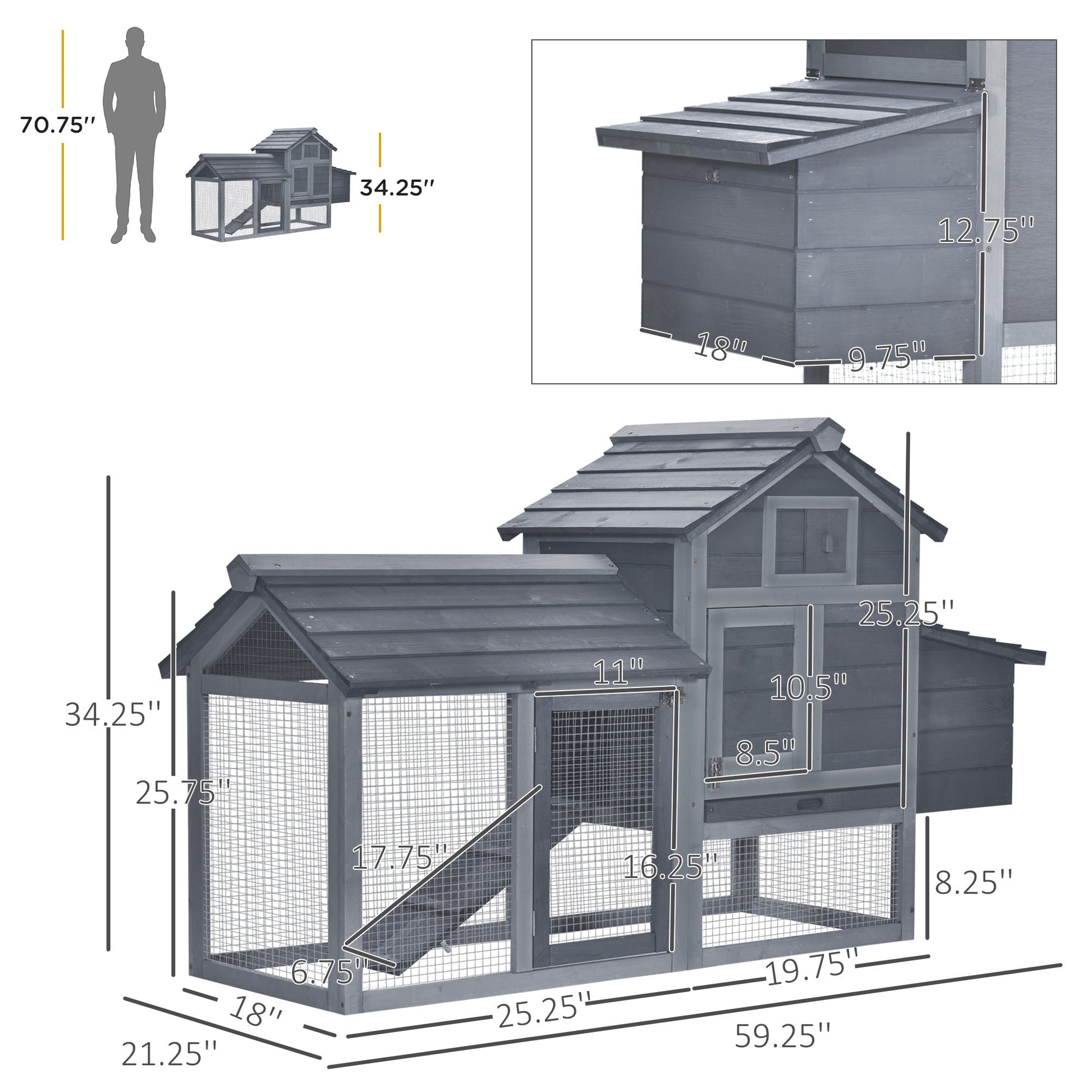 HKM-3171645 Compact Wooden Chicken Coop with Nesting Box, Removable Tray and Multiple Access Points in Gray