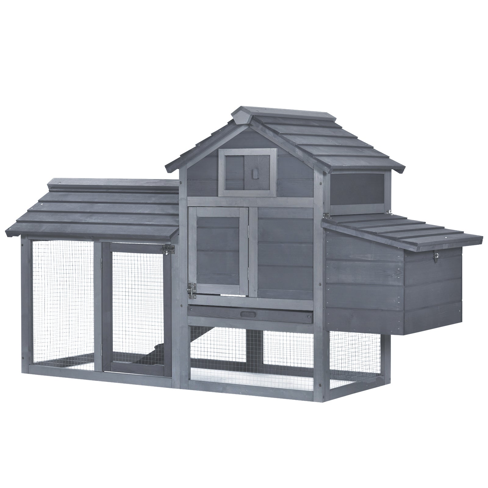 HKM-3171645 Compact Wooden Chicken Coop with Nesting Box, Removable Tray and Multiple Access Points in Gray