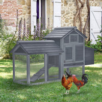 HKM-3171645 Compact Wooden Chicken Coop with Nesting Box, Removable Tray and Multiple Access Points in Gray