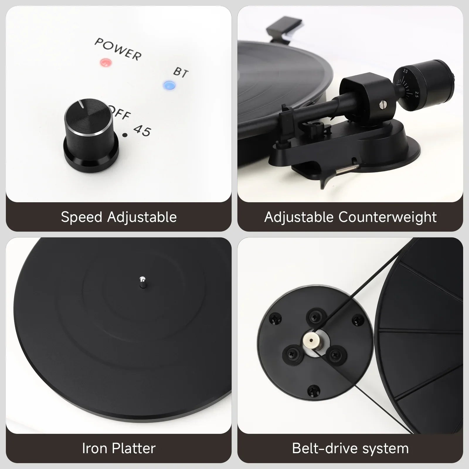 HKM-317267 Bluetooth Vinyl Record Player with Adjustable Counterweight and High-Fidelity Sound