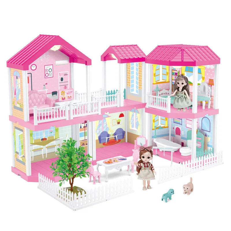 HKM-317523 2-Storey DIY Miniature Doll Villa with LED Lights - Hand-Assembled Toy House for Ages 6 and Up