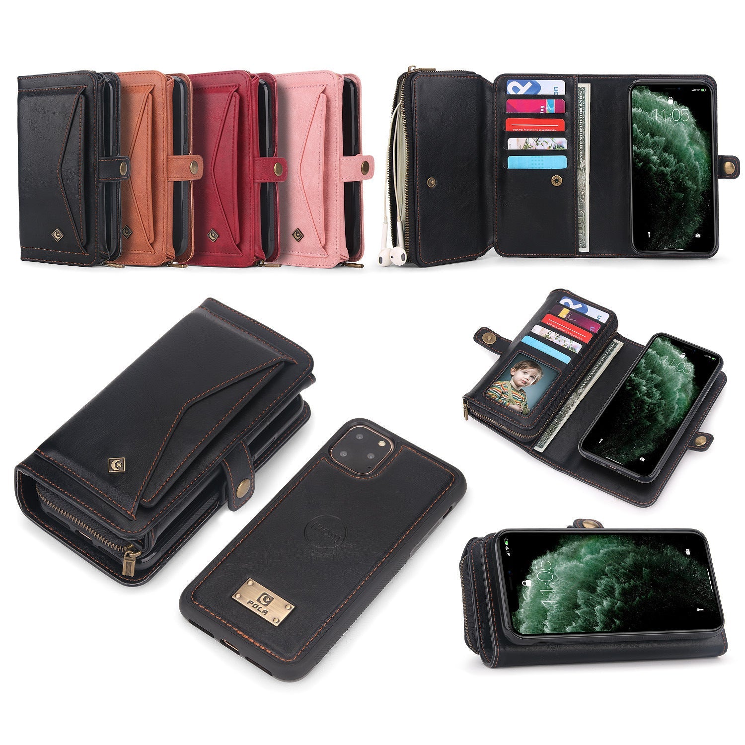 HKM-317523 Three-Fold Zipper Wallet Magnetic Case for iPhone and Samsung - Stylish PU Leather in Black, Brown, Red, Pink