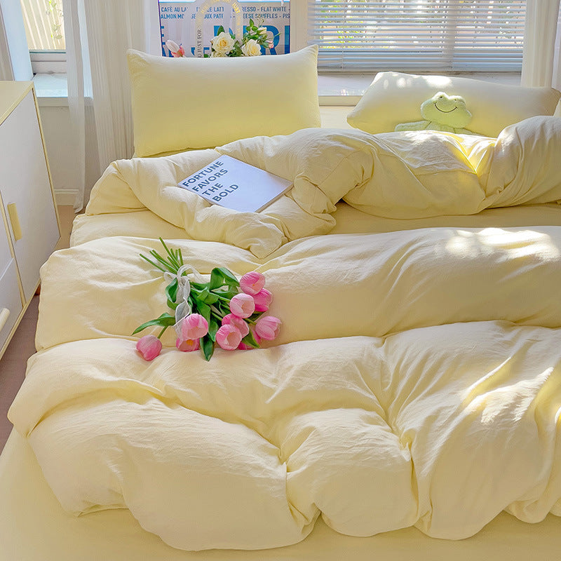 HKM-317587 Washed Cotton Four-Piece Duvet Cover and Sheet Set in Solid Colors