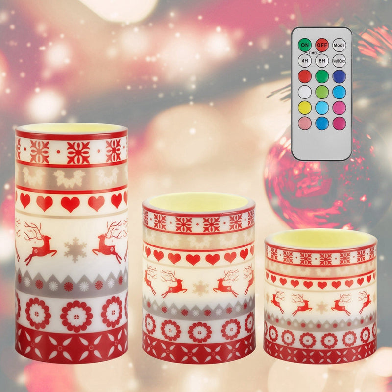 HKM-317715 Christmas Flameless LED Candles with Deer Design, Flickering Light Modes, Remote Control & Timer, Battery Operated