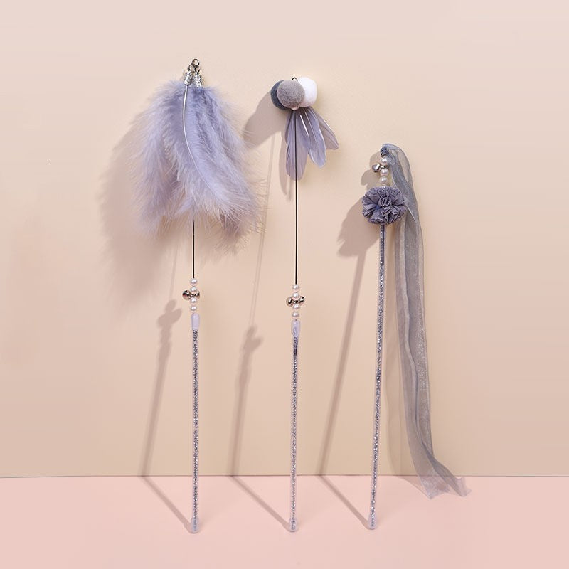 HKM-317907 Feather Cat Teaser Stick Set - Flexible, Bite-Resistant Cat Toys in Pink, Blue, Grey