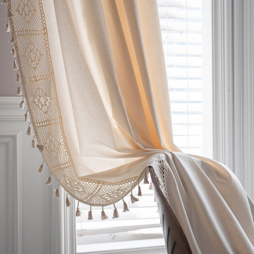 HKM-317971 Handmade Cotton Linen Semi-Transparent Partition Curtain with Crochet tassels