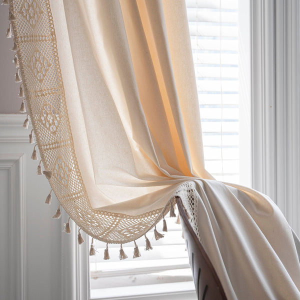 HKM-317971 Handmade Cotton Linen Semi-Transparent Partition Curtain with Crochet tassels