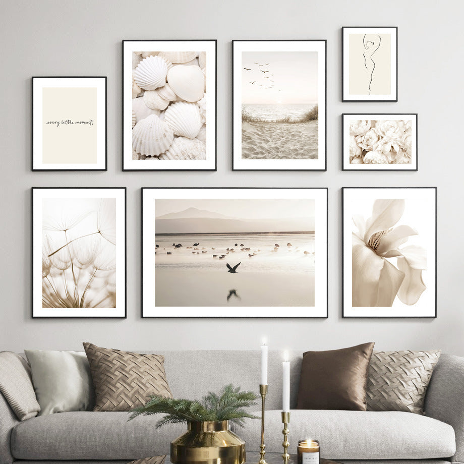 HKM-318419 White Shell Beach Dandelion Canvas Painting – Modern Landscape Wall Art for Living Room Decor