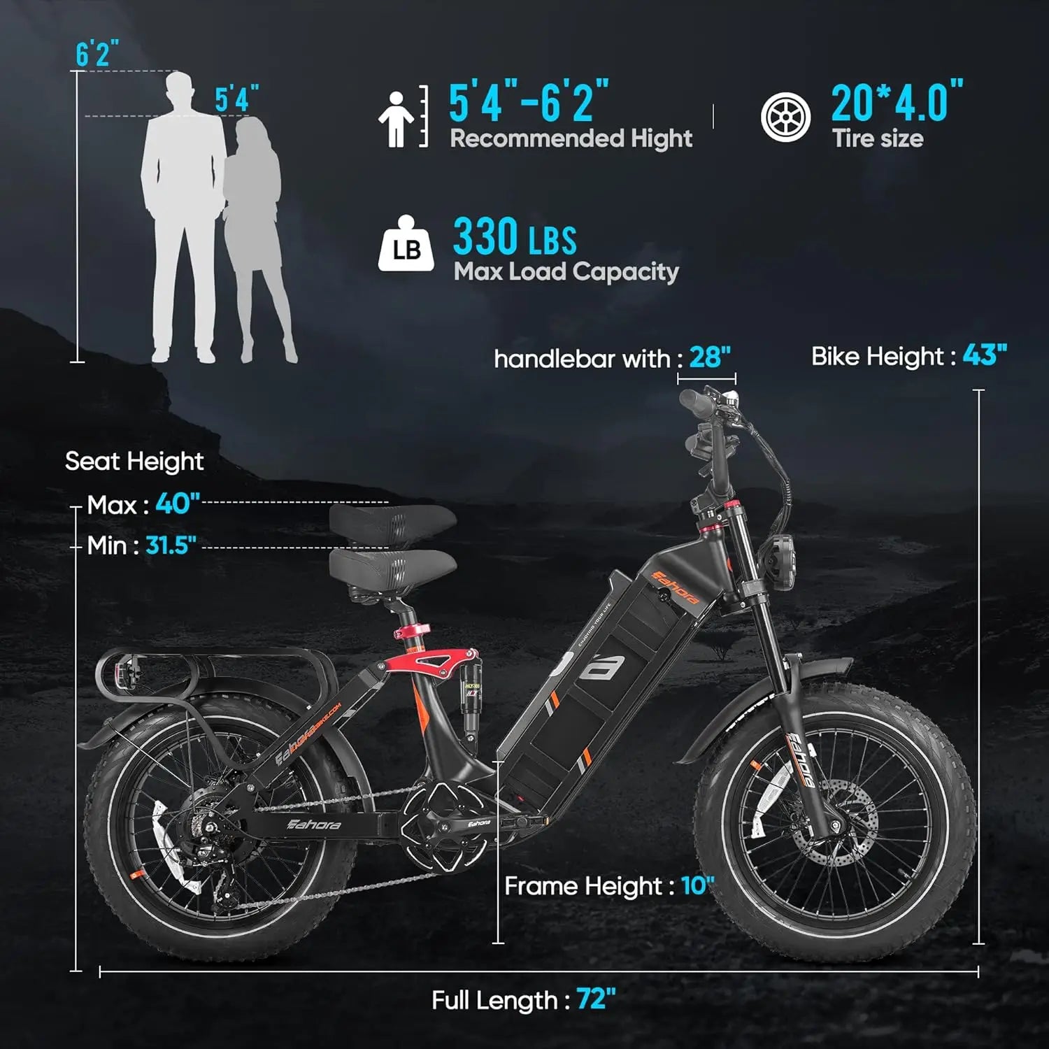 HKM-319123 Electric Fat Tire Bike 250W 52V 60Ah 20" Wheel Urban Commuter Long Range 120 Miles