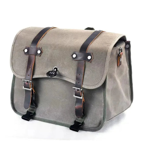 HKM-319443 Motorcycle Rear Seat Bag Vintage Batik Canvas with Cowhide Leather, Waterproof Helmet Carrying Bag