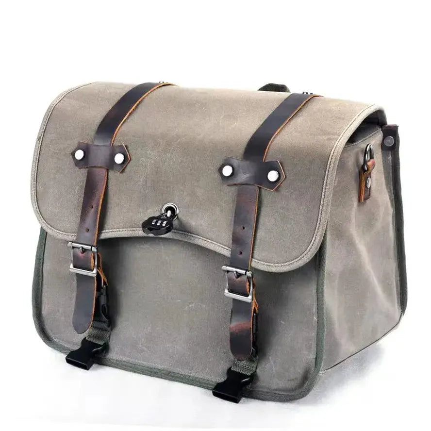 HKM-319443 Motorcycle Rear Seat Bag Vintage Batik Canvas with Cowhide Leather, Waterproof Helmet Carrying Bag
