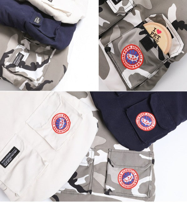 HKM-3194685 Dog Down Jacket in White Camouflage, Milky White, Dark Blue - Sizes M, L, XL, FB, XXL, XXXL for All Breeds
